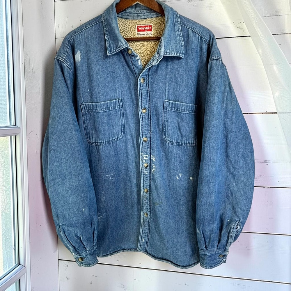 Vintage Denim Shirt Jacket Wrangler XL Blue Cotton Sherpa Lined Distressed
